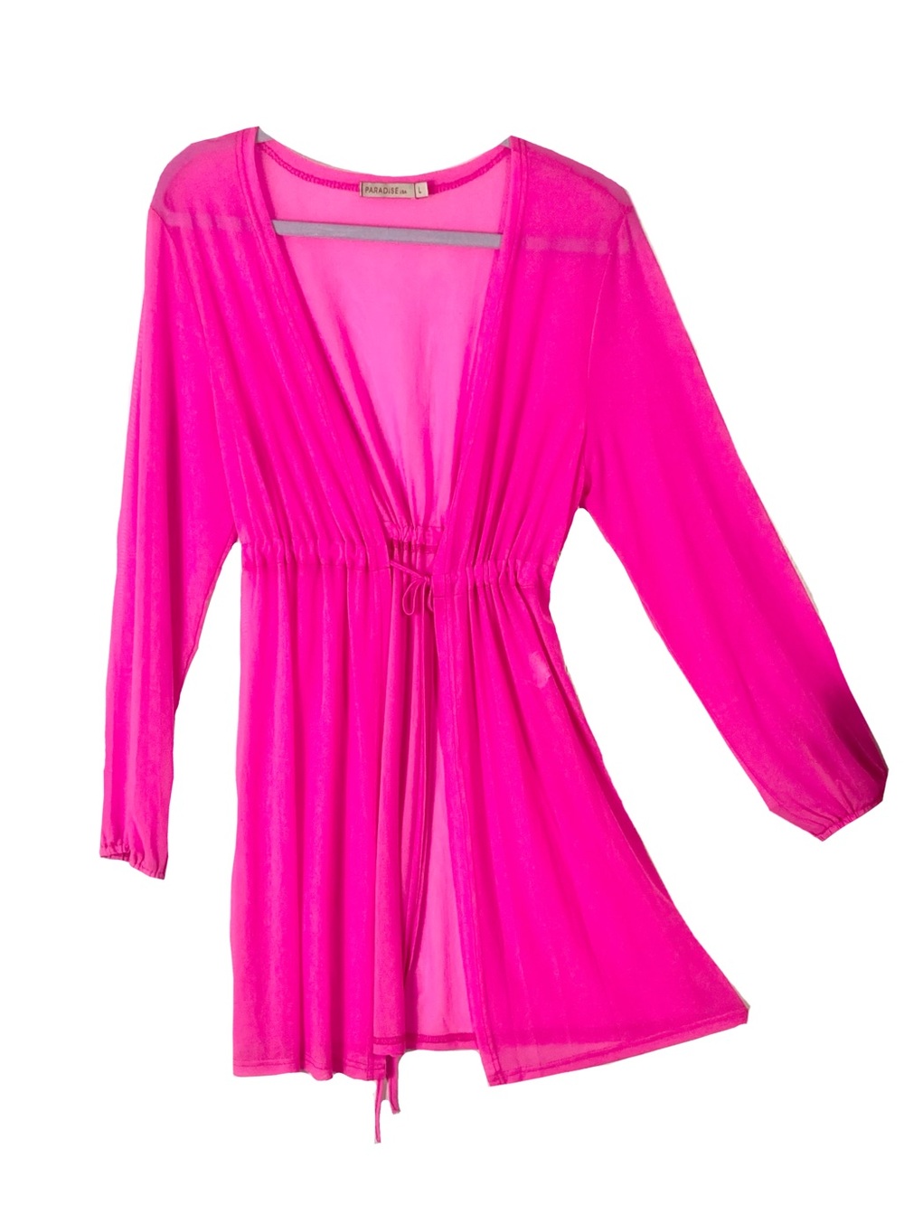 NWT PARADISE USA Coverup Cardigan Duster L Fuchsia Hot-Pink Tie Sheer Balloon-Sl